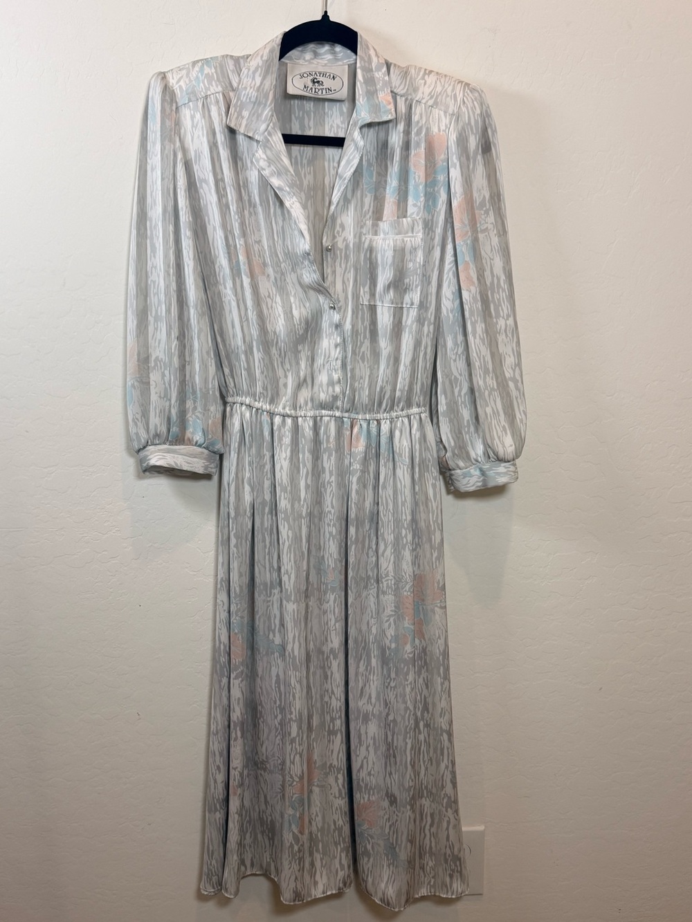 Vintage 80s Jonathan Martin Light Gray Sheer Pastel Print Shirt Dress
